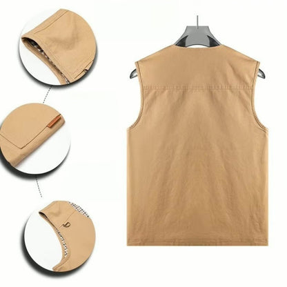 A tan sleeveless vest displayed on a hanger against a white background, with three circular inset close-ups showing the fabric texture, stitched edge, and interior lining.