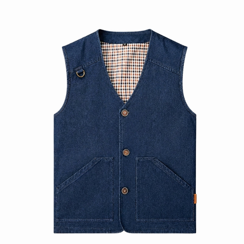 A sleeveless dark blue denim vest with a V-neck, three brown buttons, and two front patch pockets, shown flat against a white background.