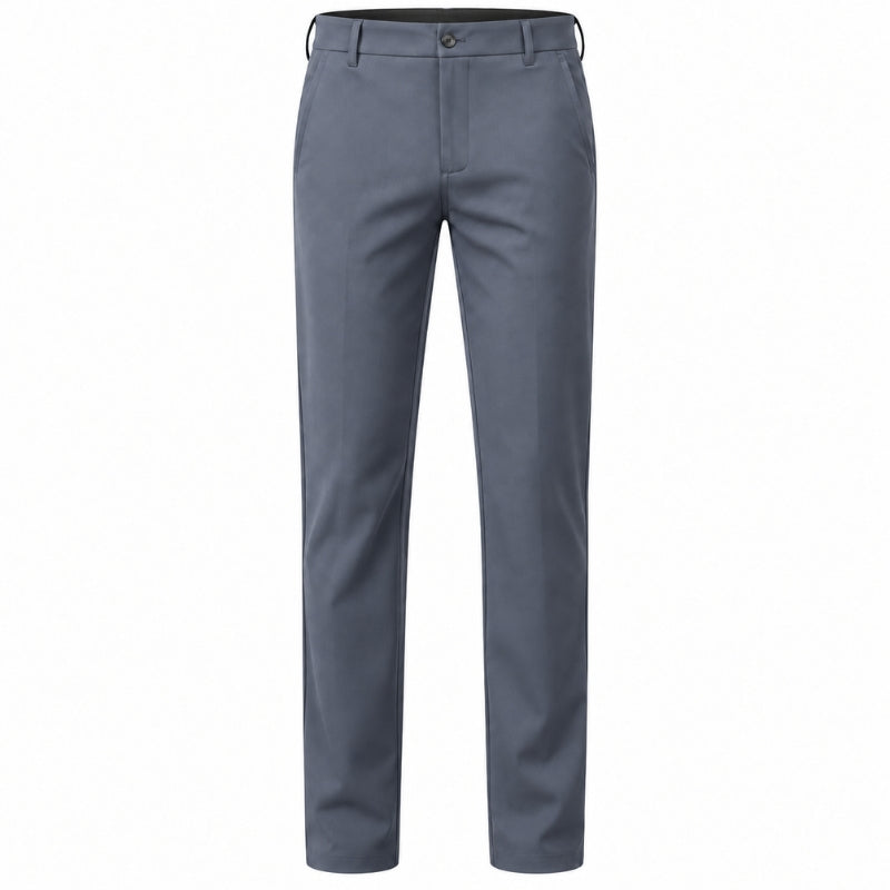 A pair of men's slim-fit dress pants in a slate gray color, shown flat against a solid white background.