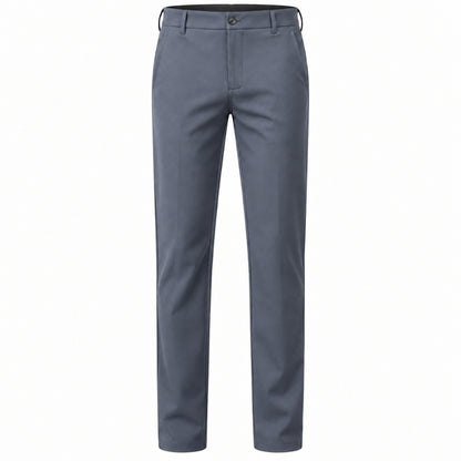 A pair of men's slim-fit dress pants in a slate gray color, shown flat against a solid white background.