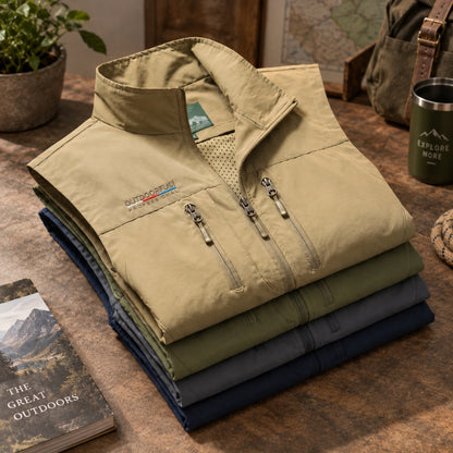 A stack of folded outdoor fleece jackets in khaki, olive green, blue, and navy, displayed on a rustic wooden table with outdoor-themed props like a potted plant, a map, and a book.