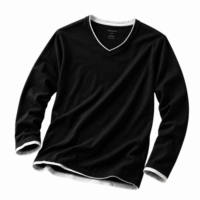 A black long-sleeve V-neck t-shirt with white contrast trim along the collar, cuffs, and hem, displayed on a clean white background.
