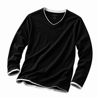 A black long-sleeve V-neck t-shirt with white contrast trim along the collar, cuffs, and hem, displayed on a clean white background.