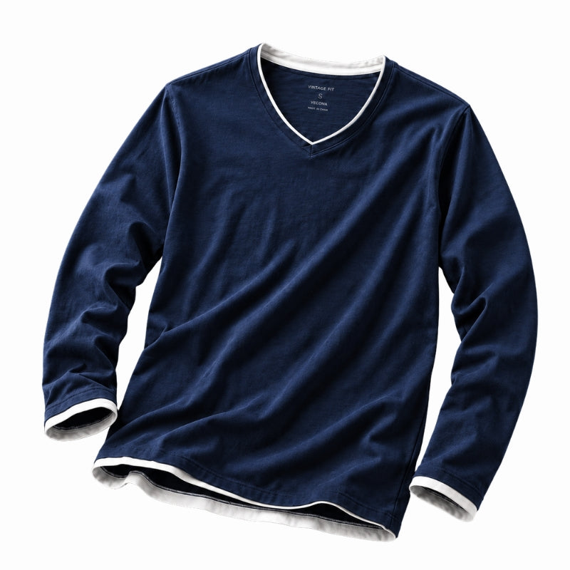 A navy blue long-sleeve V-neck t-shirt with white contrast trim along the collar, cuffs, and hem, displayed on a clean white background.