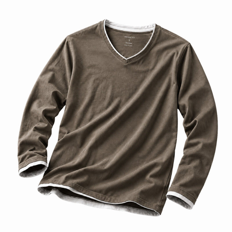 A brown long-sleeve V-neck t-shirt with white contrast trim along the collar, cuffs, and hem, displayed on a clean white background.