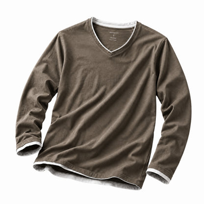 A brown long-sleeve V-neck t-shirt with white contrast trim along the collar, cuffs, and hem, displayed on a clean white background.