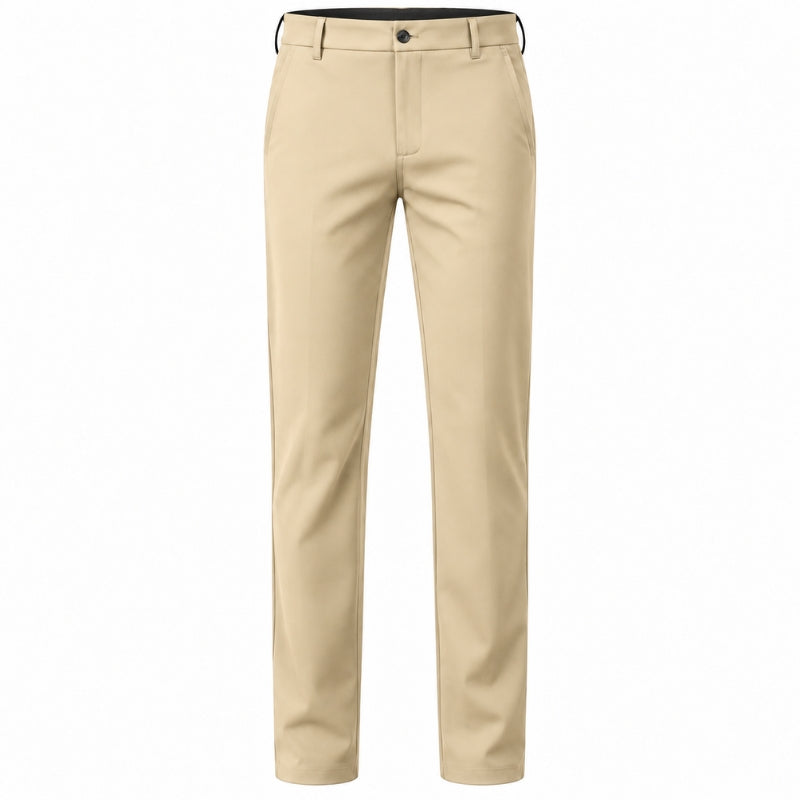 A pair of men's khaki-colored chino pants shown on a clean white background.