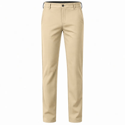 A pair of men's khaki-colored chino pants shown on a clean white background.