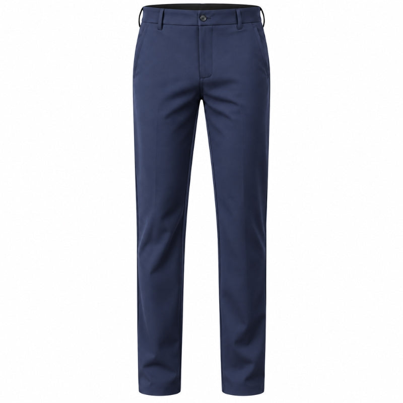 A pair of navy blue men's dress pants shown flat against a solid white background.