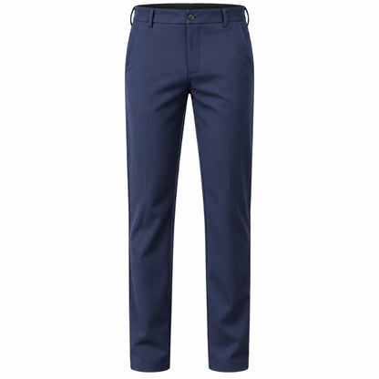 A pair of navy blue men's dress pants shown flat against a solid white background.