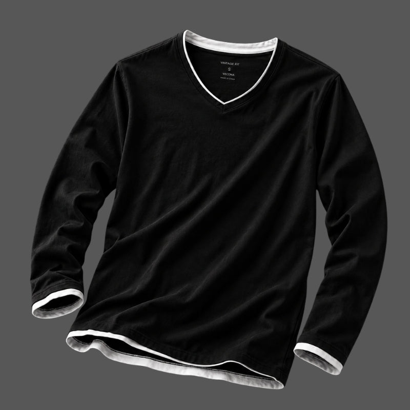 A black long-sleeve V-neck t-shirt with white contrast trim along the collar, cuffs, and hem, displayed on a dark gray background.