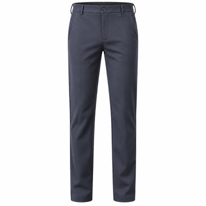 A pair of dark slate blue straight-leg dress pants shown flat against a solid white background.