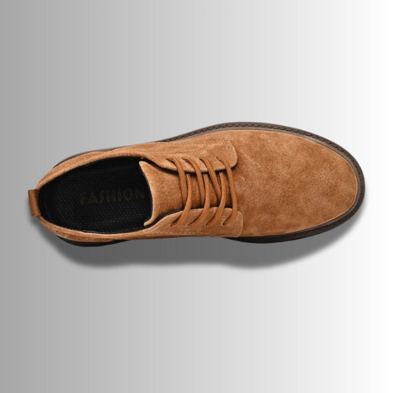 Mario Genuine Suede Shoes in brown – top view of men's classic lace-up suede shoes with smooth texture and refined Italian craftsmanship by Polumi.
