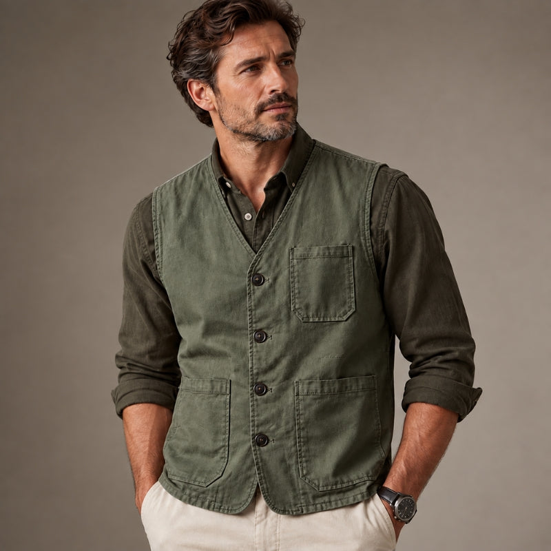 A man wearing an olive green button-front vest over a dark long-sleeve shirt and off-white pants, standing against a plain taupe studio background.