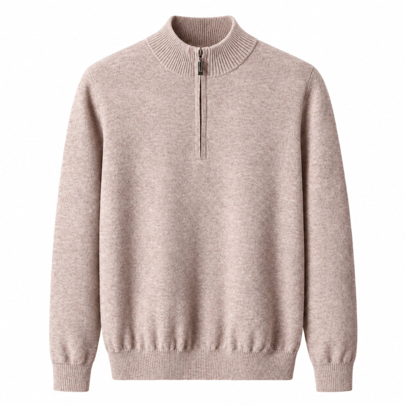 A light beige heathered knit quarter-zip sweater with a ribbed mock neck, cuffs, and hem, displayed on a clean white background.