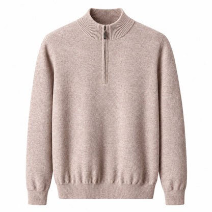 A light beige heathered knit quarter-zip sweater with a ribbed mock neck, cuffs, and hem, displayed on a clean white background.