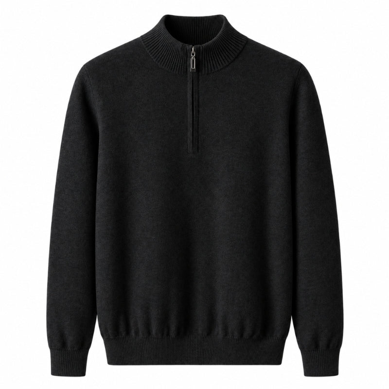 A black long-sleeve quarter-zip knit sweater with a ribbed mock neck, cuffs, and hem, shown against a plain white background.