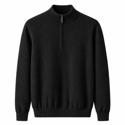 A black long-sleeve quarter-zip knit sweater with a ribbed mock neck, cuffs, and hem, shown against a plain white background.