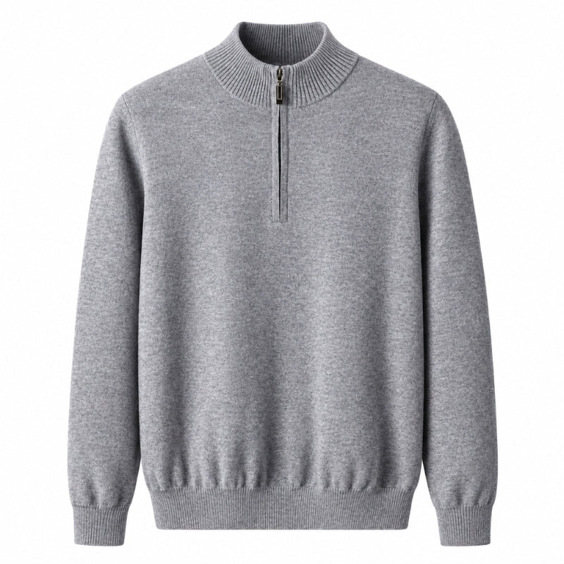 A light gray heathered quarter-zip knit sweater with a ribbed mock neck, cuffs, and hem, displayed on a solid white background.
