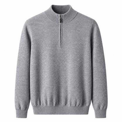 A light gray heathered quarter-zip knit sweater with a ribbed mock neck, cuffs, and hem, displayed on a solid white background.