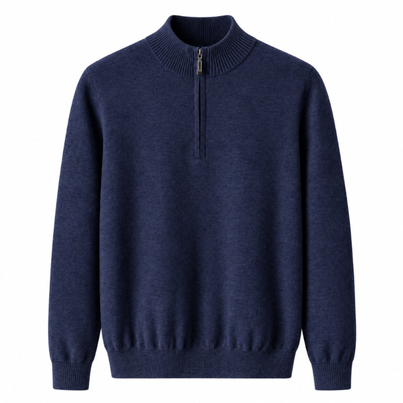 A navy blue half-zip knit sweater with a ribbed mock neck, cuffs, and hem, shown against a plain white background.