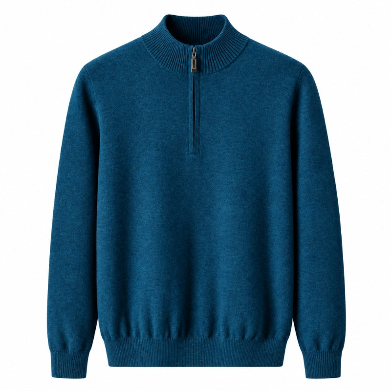 A men's long-sleeve half-zip knit sweater in a deep teal blue color, featuring a ribbed mock neck, cuffs, and hem, shown against a plain white background.