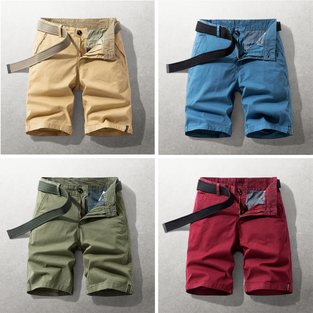 Four pairs of shorts in beige, blue, green, and red on a gray background.