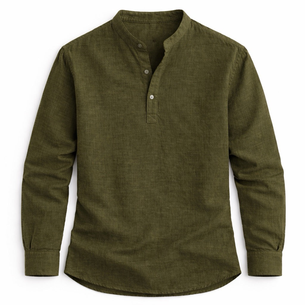 Army Green long-sleeve henley shirt on a white background