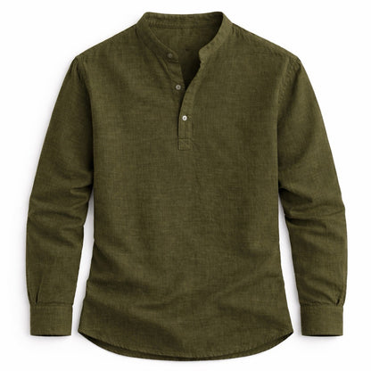 Army Green long-sleeve henley shirt on a white background