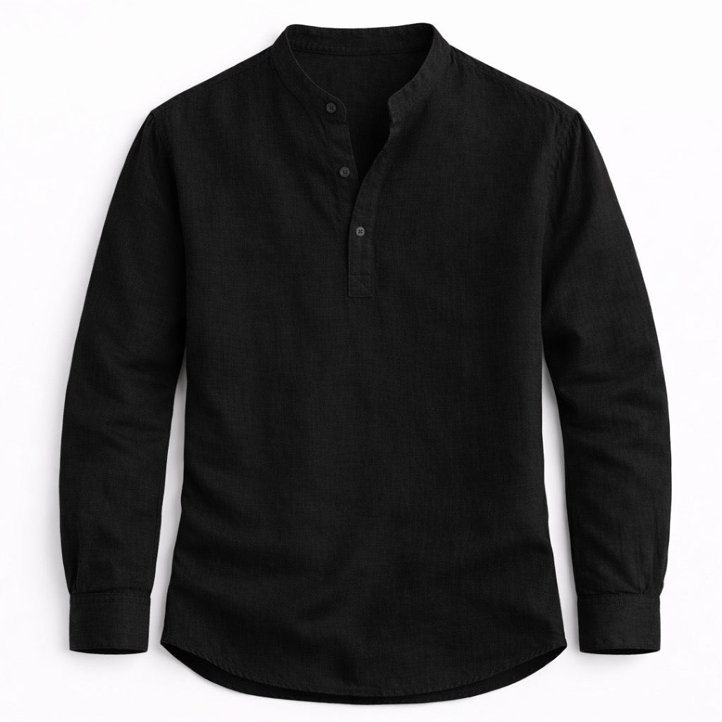Black long-sleeve henley shirt on a white background