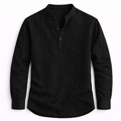Black long-sleeve henley shirt on a white background