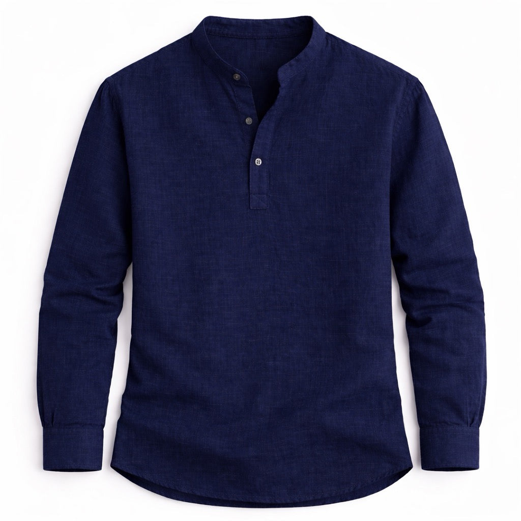 Navy blue long-sleeve henley shirt on a white background