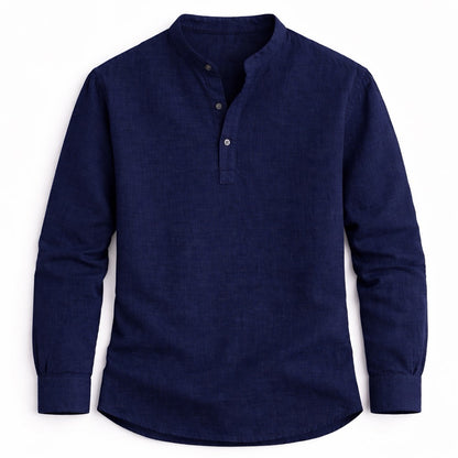 Navy blue long-sleeve henley shirt on a white background