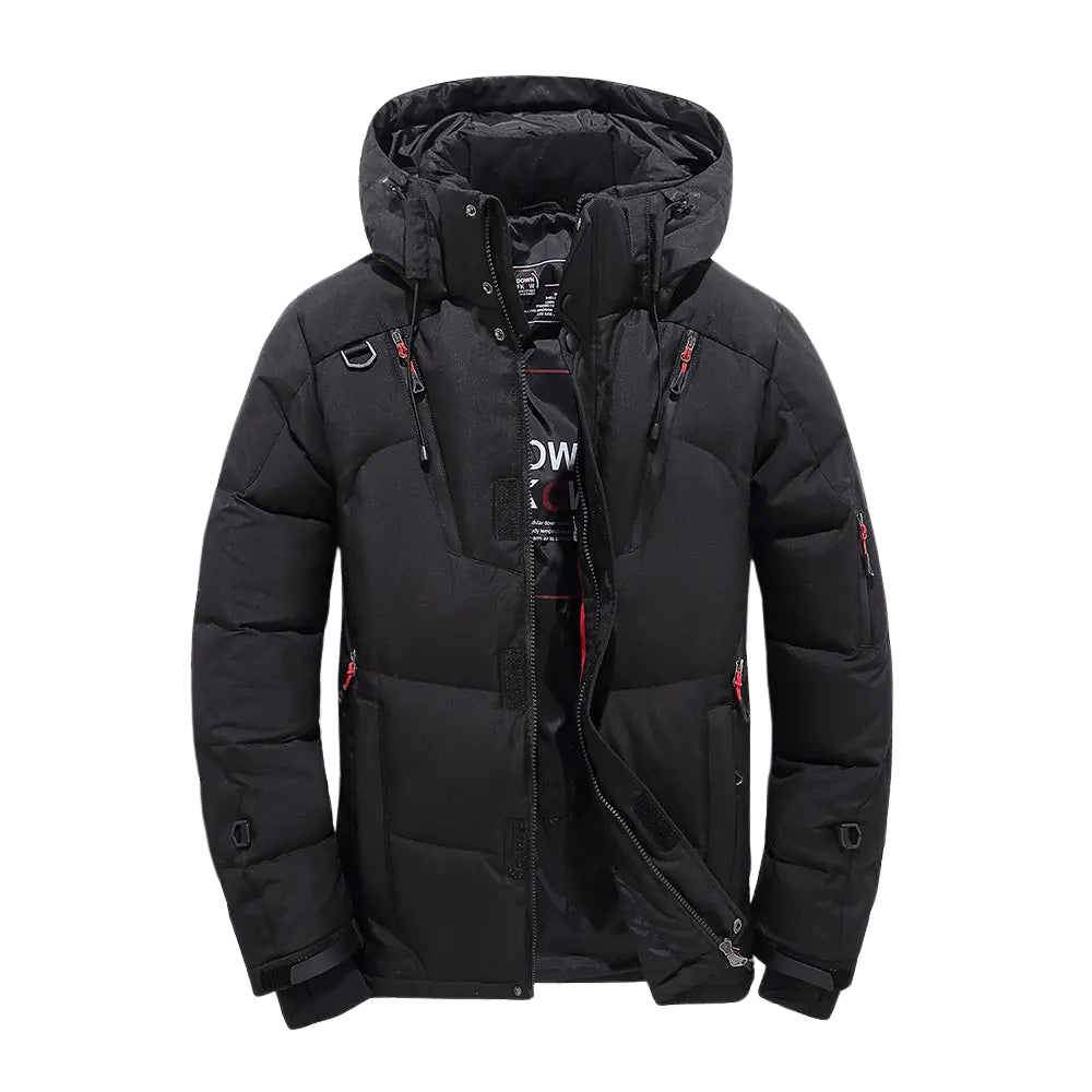 Black winter jacket with red accents on a white background