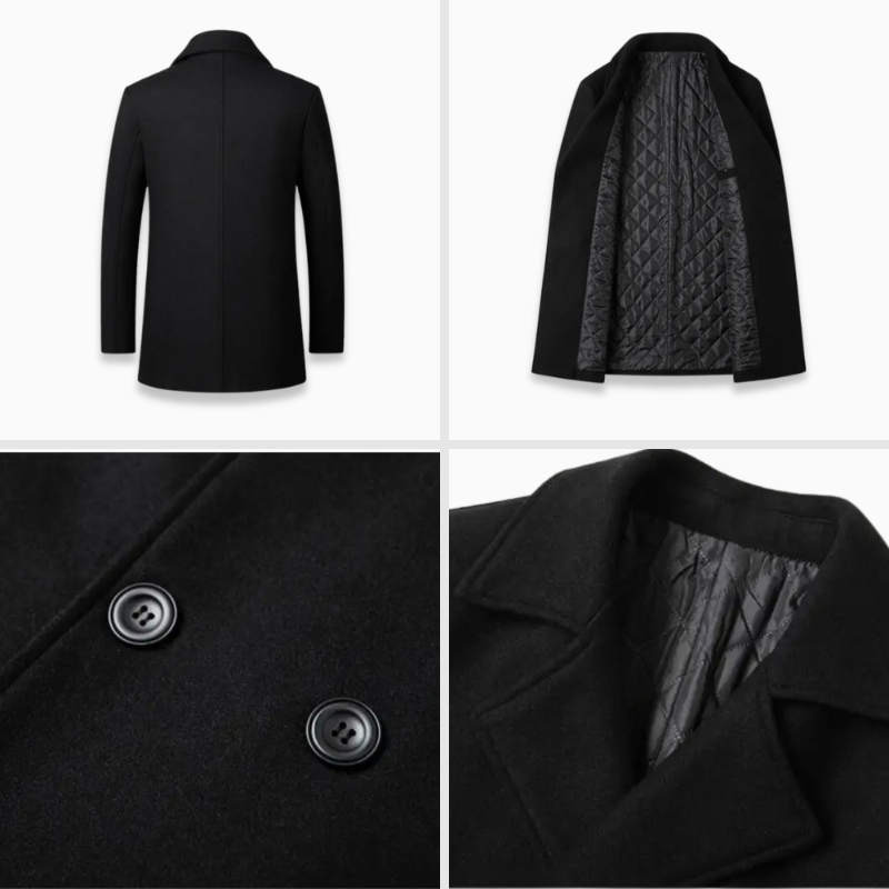 Black coat shown from different angles on a white background