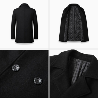 Black coat shown from different angles on a white background