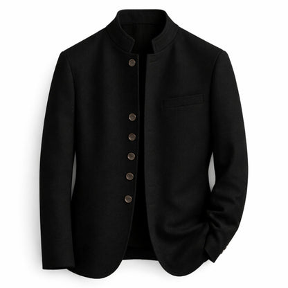 Black jacket with button details on a white background
