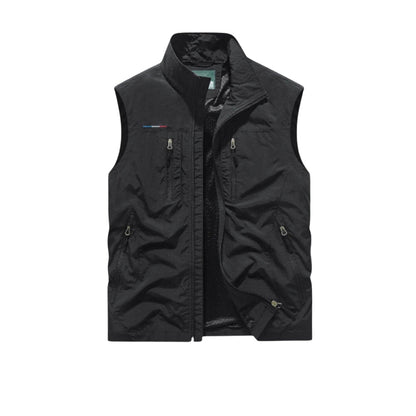 Black vest with multiple pockets on a white background