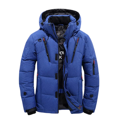 Blue winter jacket with black accents on a white background