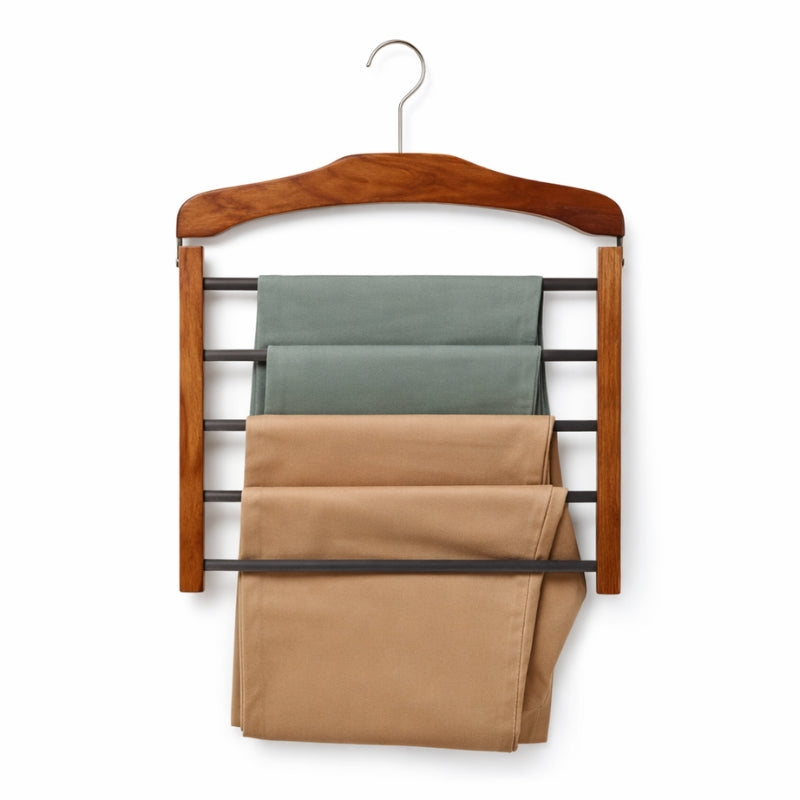 Wooden hanger with multiple shelves holding folded pants on a white background