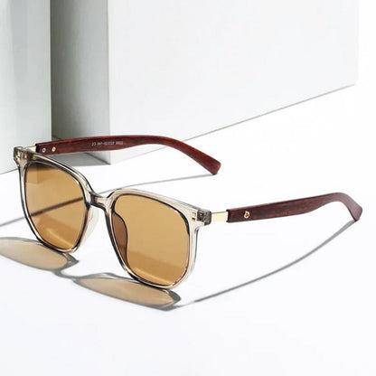 Carlo Premium Aviator Shades with transparent gold frame, brown lenses, and wooden temples – Polumi elegant unisex sunglasses.
