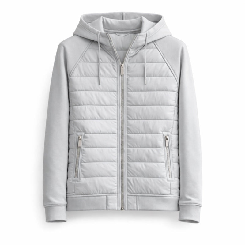 Light gray quilted hoodie on a white background