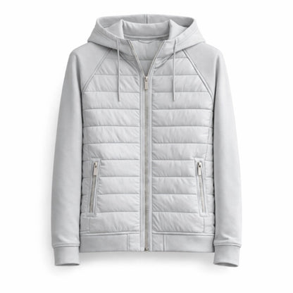 Light gray quilted hoodie on a white background