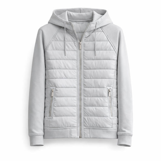 Light gray quilted hoodie on a white background