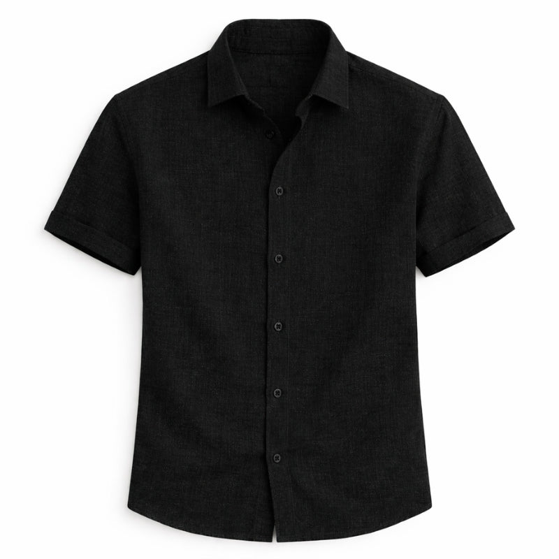Black short-sleeve button-up shirt on a white background