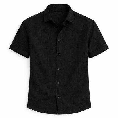 Black short-sleeve button-up shirt on a white background