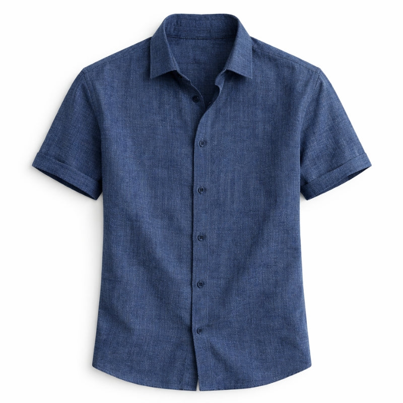 Blue short-sleeve shirt on a white background