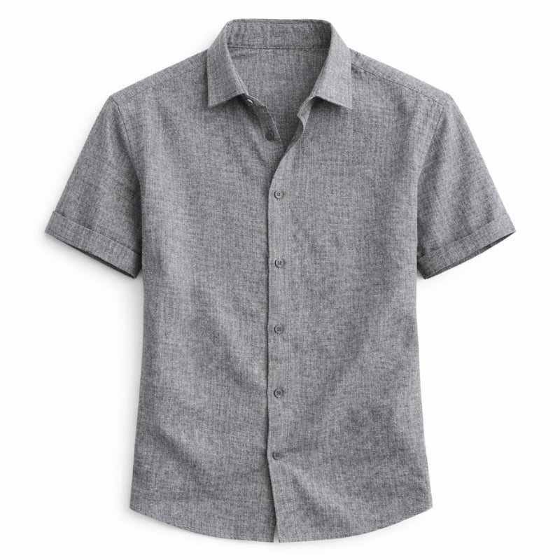 Gray short-sleeve button-up shirt on a white background