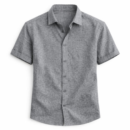 Gray short-sleeve button-up shirt on a white background