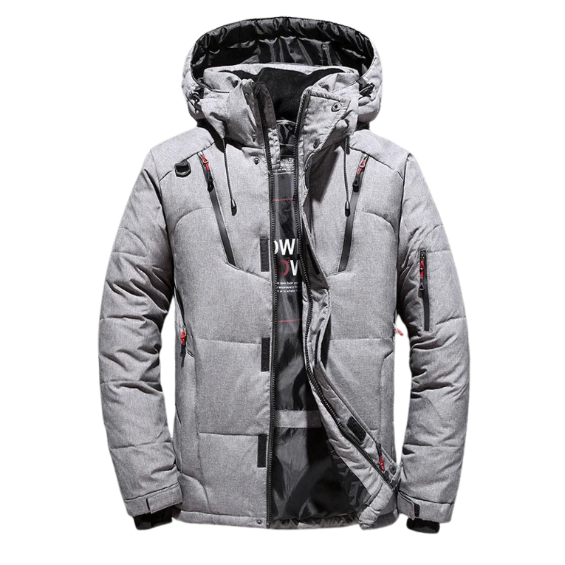 Gray winter jacket with a hood on a white background